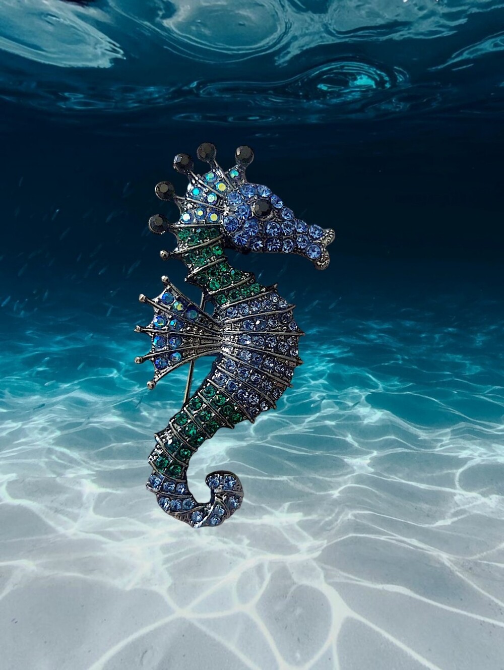 Blue & Green Seahorse Crystal Brooch